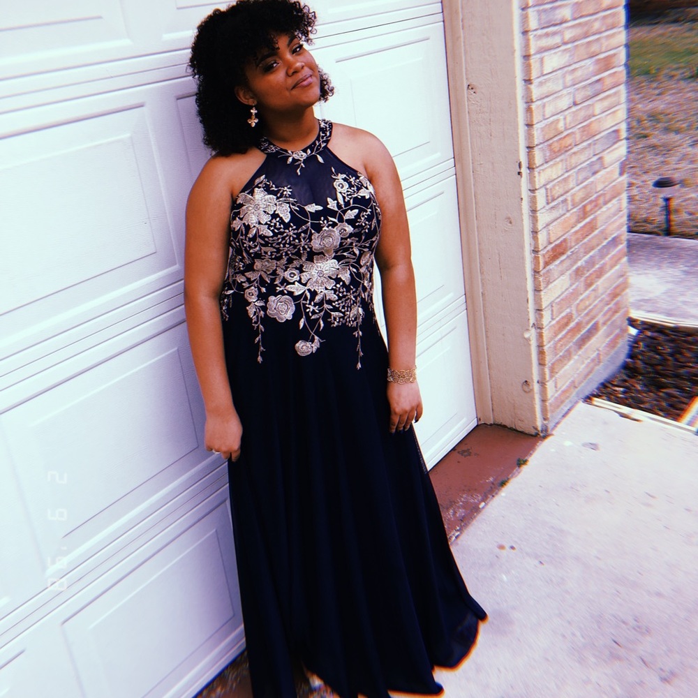 Floor length Navy Blue and Gold gown